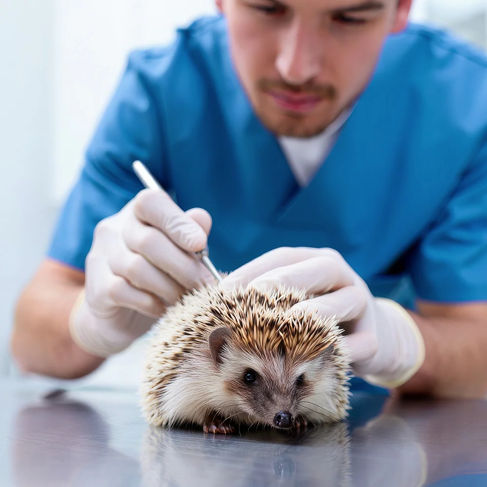 A closeup of a hedgehog with a veterinarian behind it